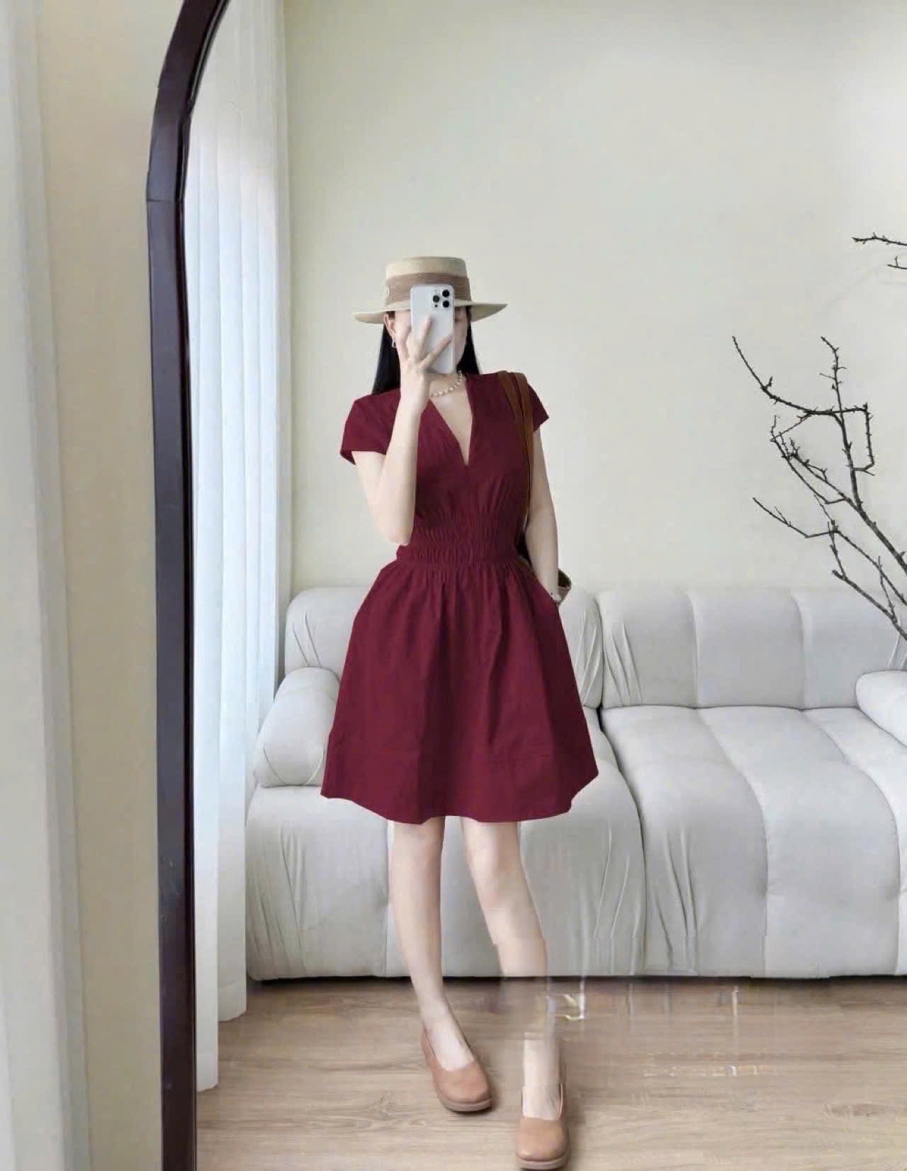 VÁY ĐỎ CHUN EO TAY BỒNG