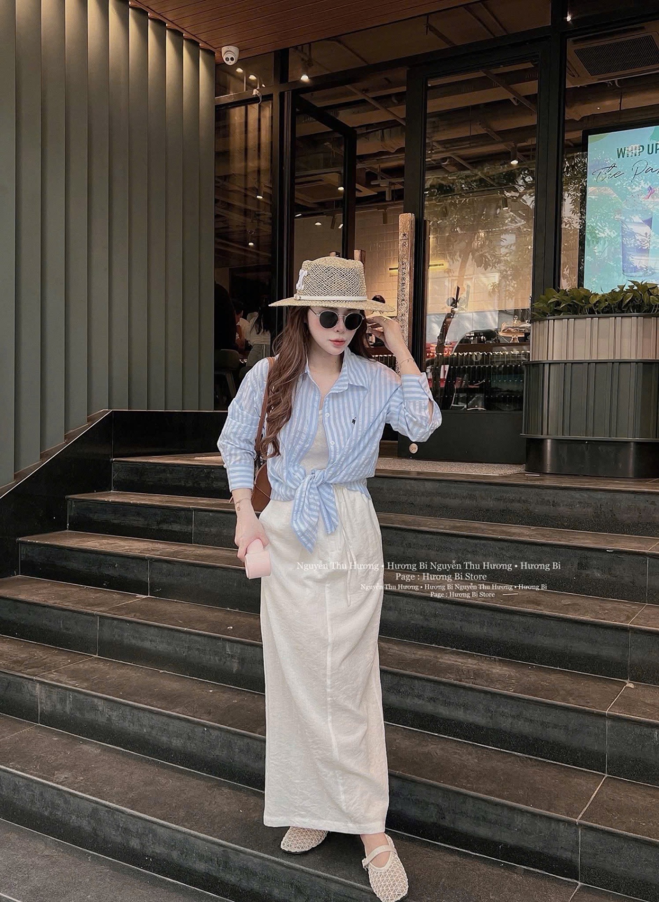 SET ÁO BA LỖ CV TRẮNG MIX SƠ MI KẺ XANH