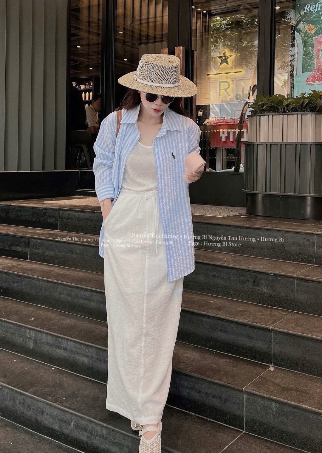 SET ÁO BA LỖ CV TRẮNG MIX SƠ MI KẺ XANH