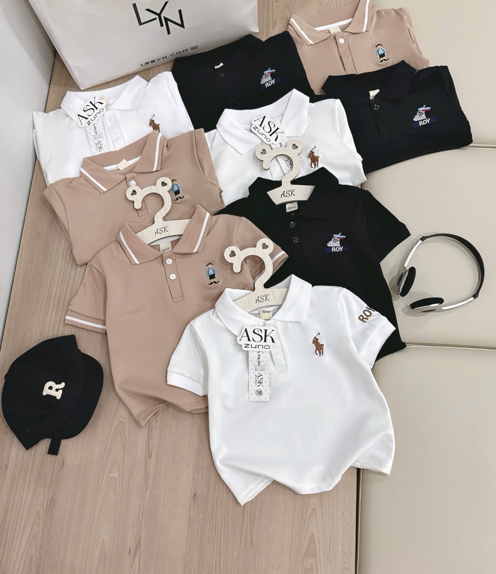 SET 3 ÁO POLO THÊU NGỰA ĐEN TRẮNG BE