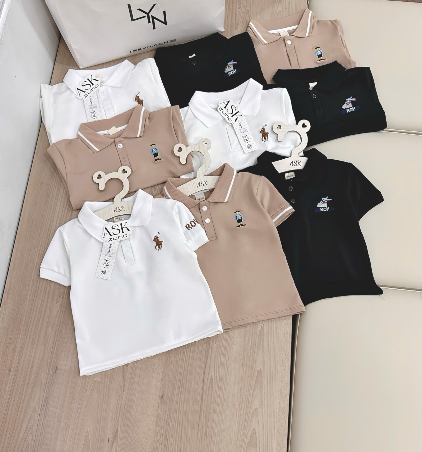 SET 3 ÁO POLO THÊU NGỰA ĐEN TRẮNG BE