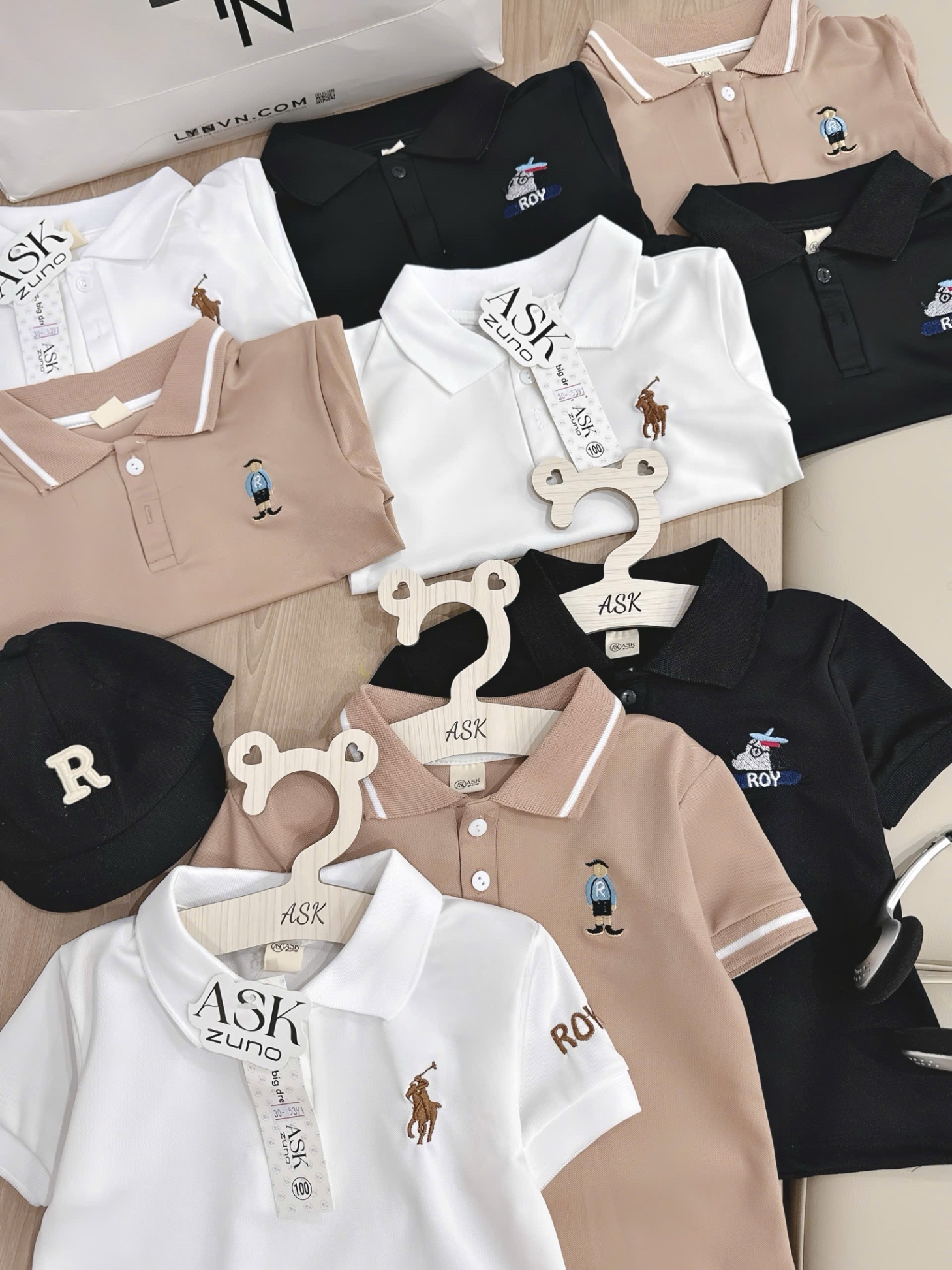 SET 3 ÁO POLO THÊU NGỰA ĐEN TRẮNG BE