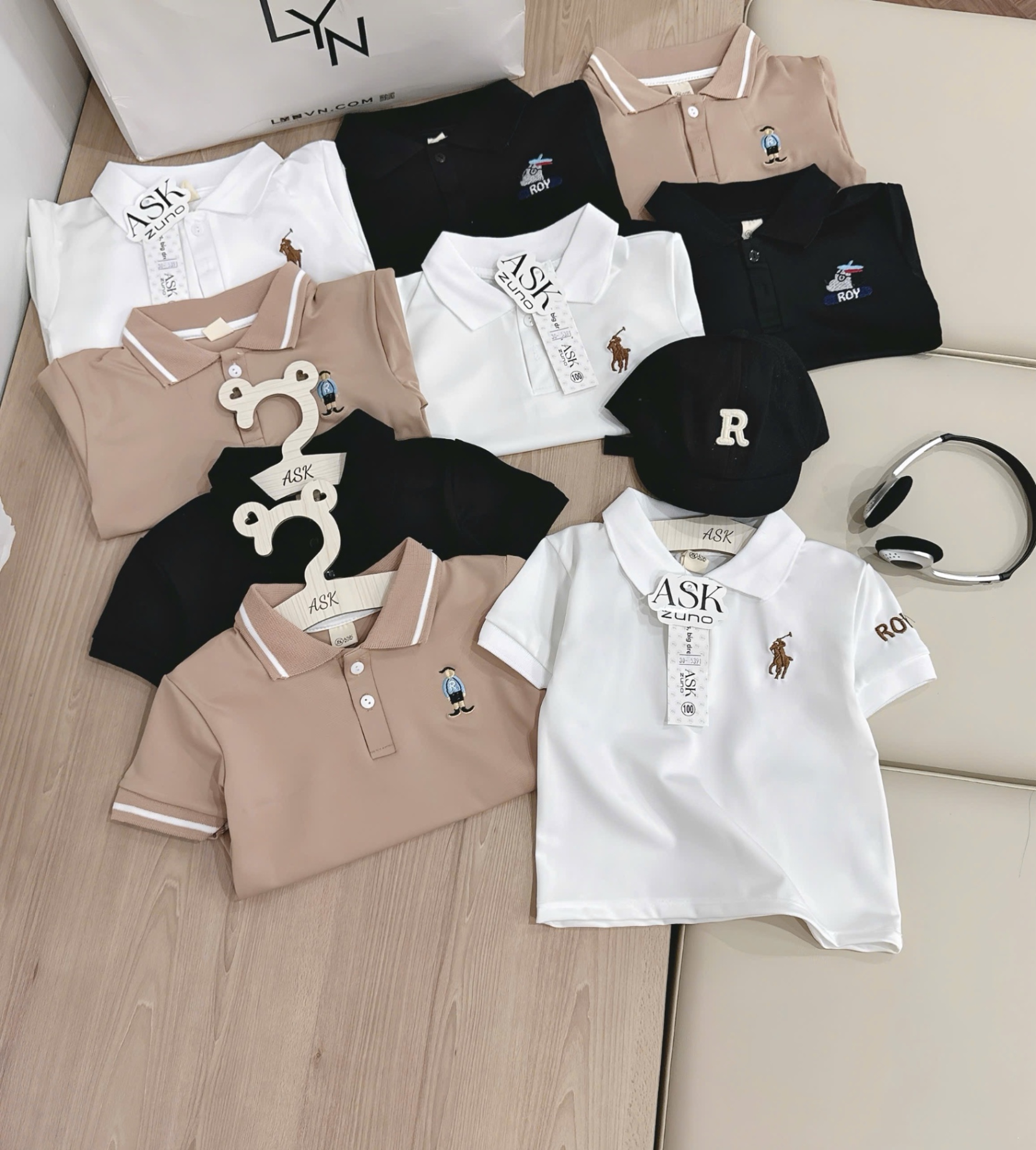 SET 3 ÁO POLO THÊU NGỰA ĐEN TRẮNG BE