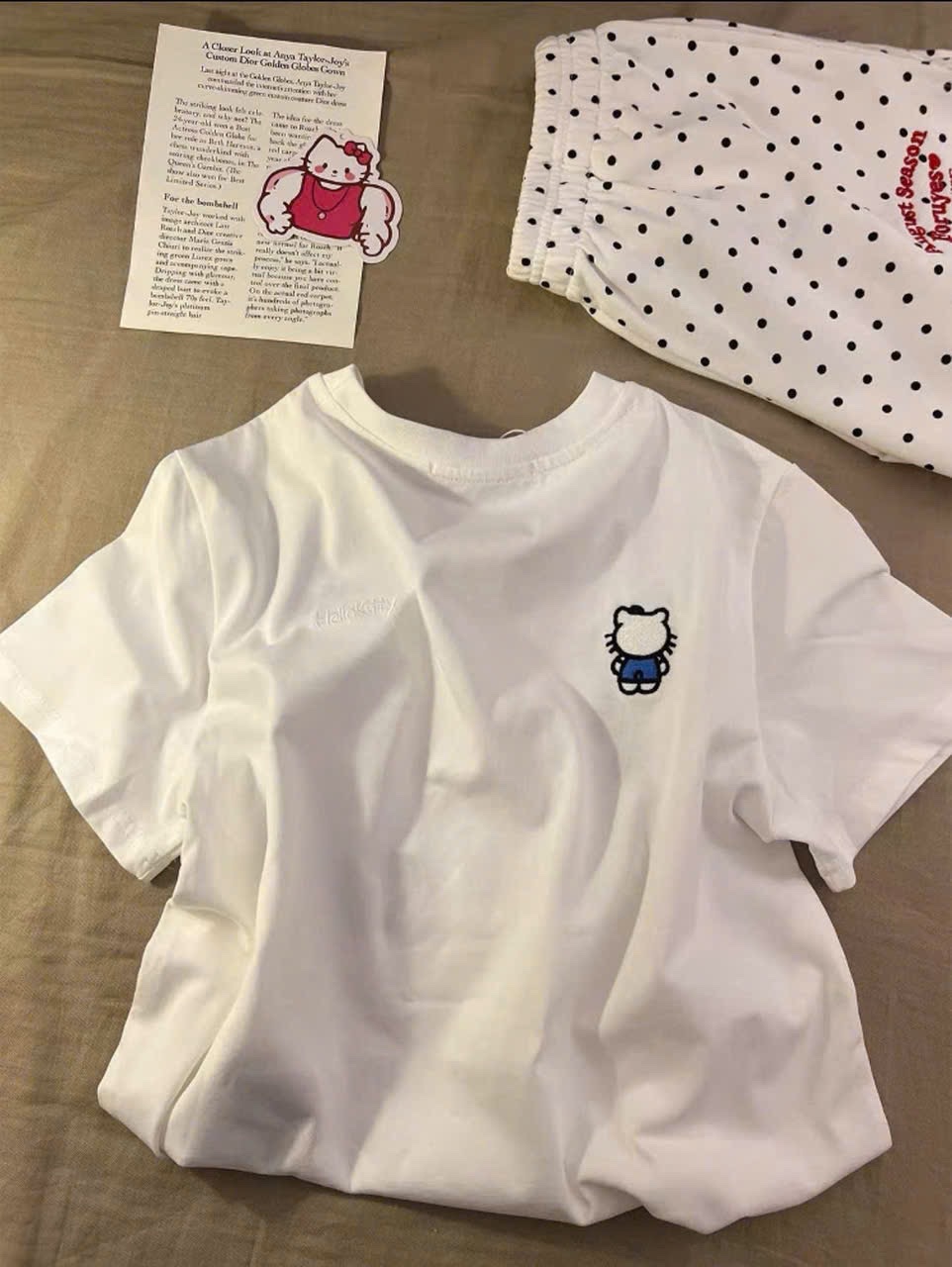 BỘ ĐÙI TRẮNG HÌNH MÈO KITTY QUẦN CHẤM BI