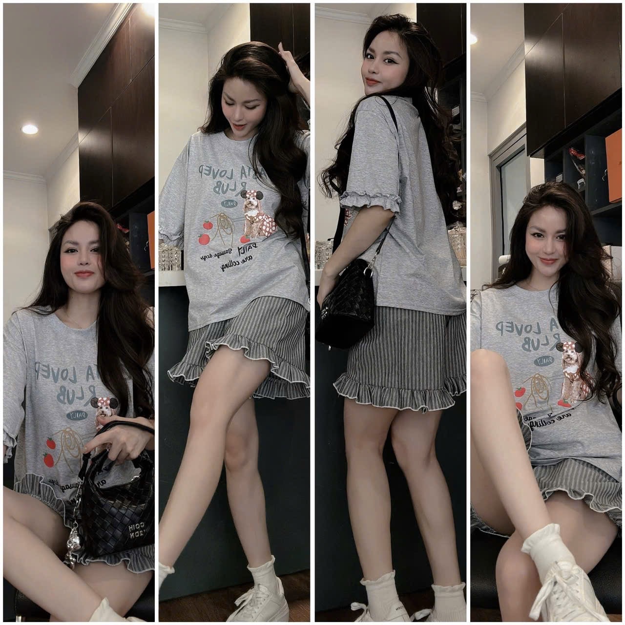 BỘ ĐÙI XÁM QUẦN KẺ HÌNH CÚN KÈM CHUN TÓC