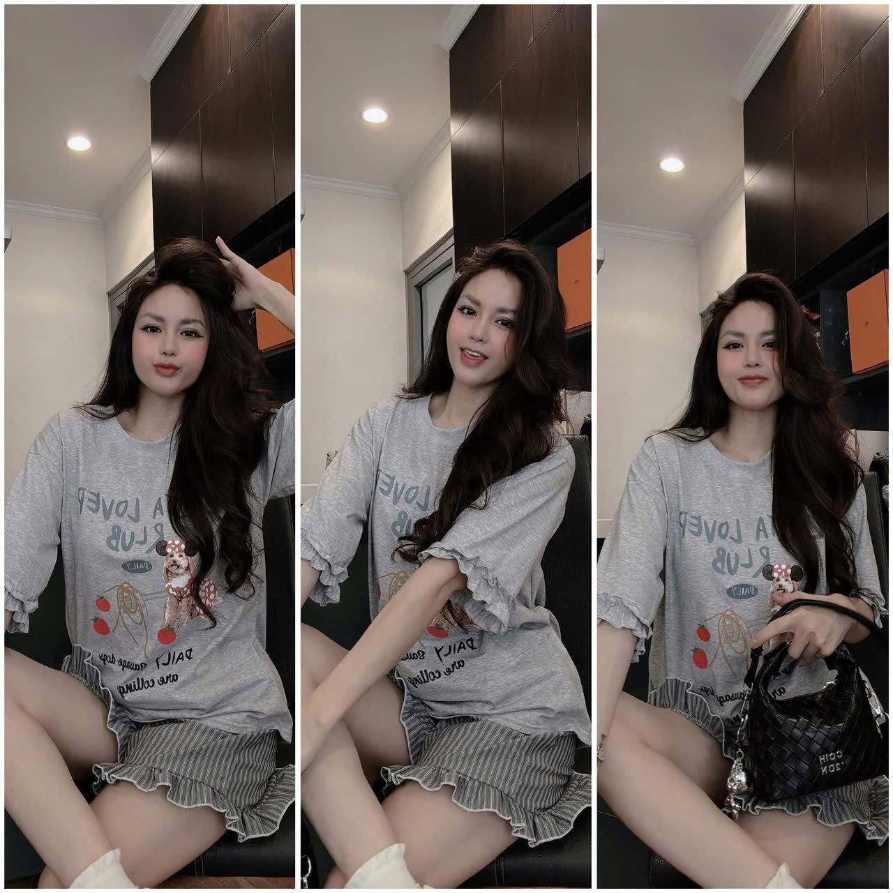 BỘ ĐÙI XÁM QUẦN KẺ HÌNH CÚN KÈM CHUN TÓC