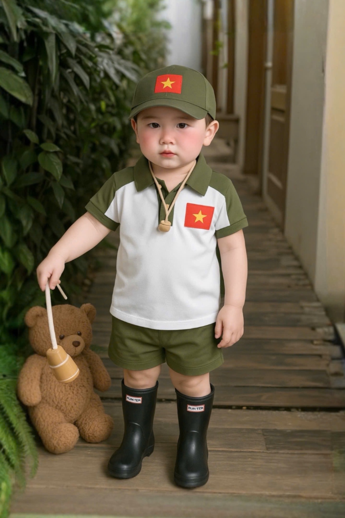 BỘ ĐÙI LÁ CỜ TRẮNG PHỐI RÊU KÈM MŨ