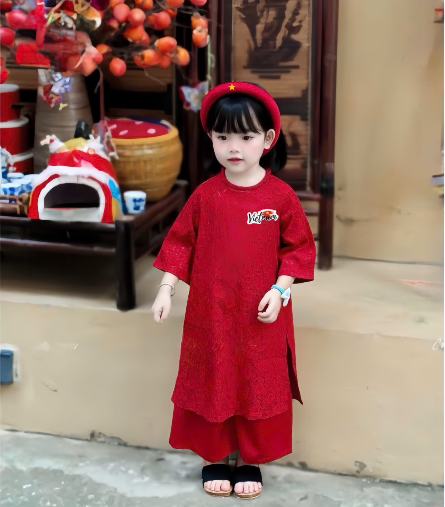 SET AO DÀI GẤM ĐỎ LOGO VIET NAM