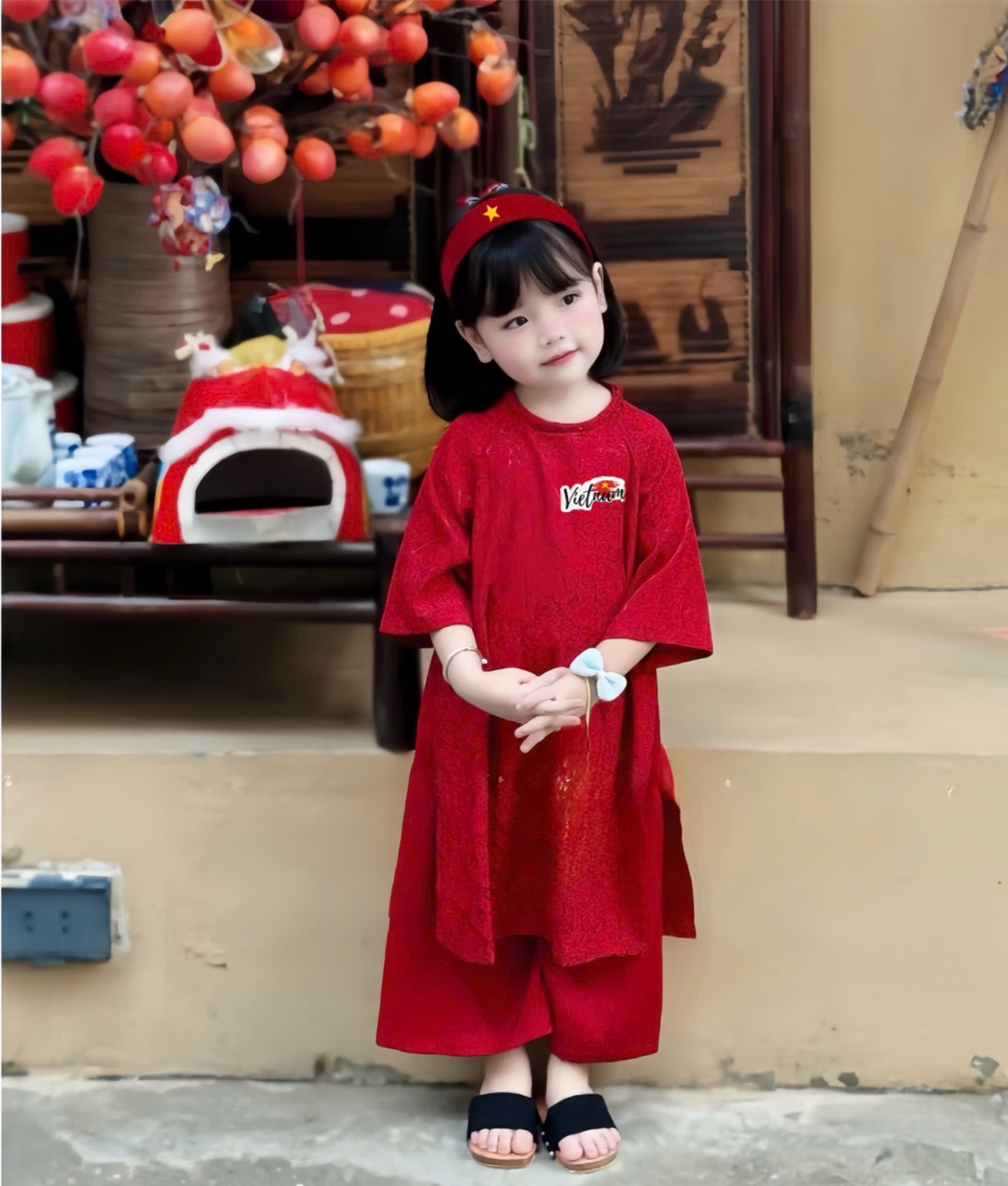 SET AO DÀI GẤM ĐỎ LOGO VIET NAM