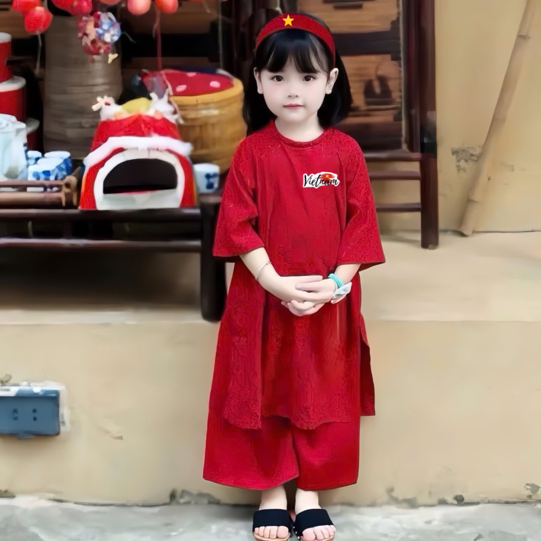 SET AO DÀI GẤM ĐỎ LOGO VIET NAM