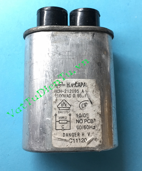Tụ lò vi sóng 0.95uF 2100VAC 0.95uF 4.8mm; Mã: CAPHV-0.95uF2100VAC; Kiểu chân: hàn, cắm cốt; Xuất xứ: Hàng mới; Keywords: tụ cao áp lò vi sóng, tụ cho lò vi sóng, HV CAPACITOR, H.V.CAPACITOR HCH-212100...Mã kho: CAPHV-0.95uF2100VAC-358
