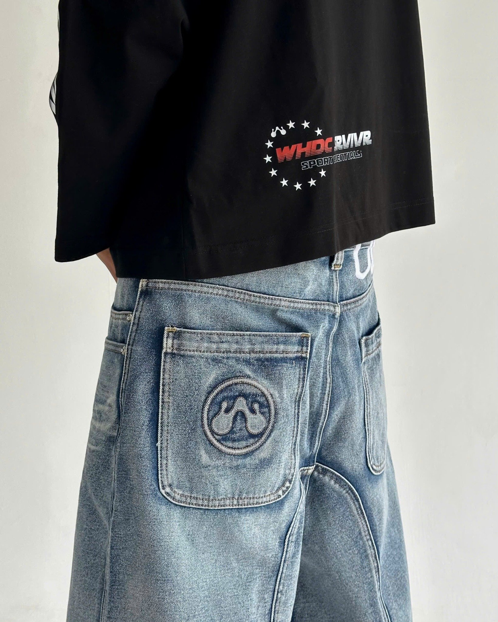 WHDC SRVIVR WASHED BAGGY DENIM SHORTS IN BLUE