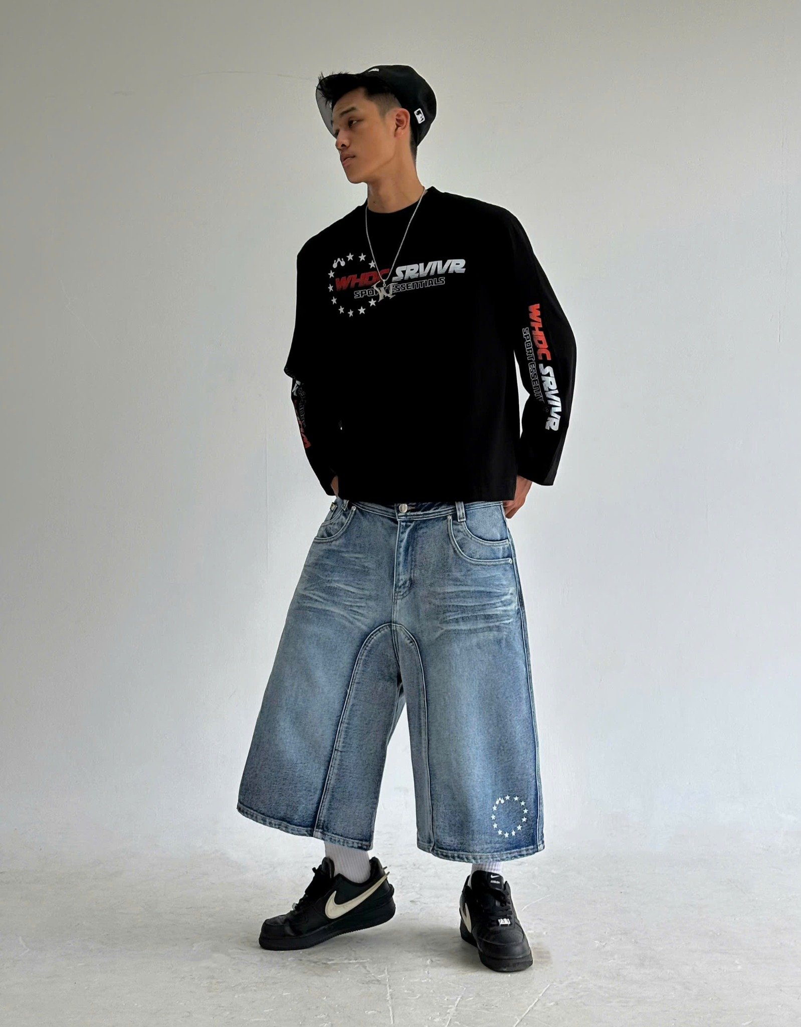 WHDC SRVIVR WASHED BAGGY DENIM SHORTS IN BLUE