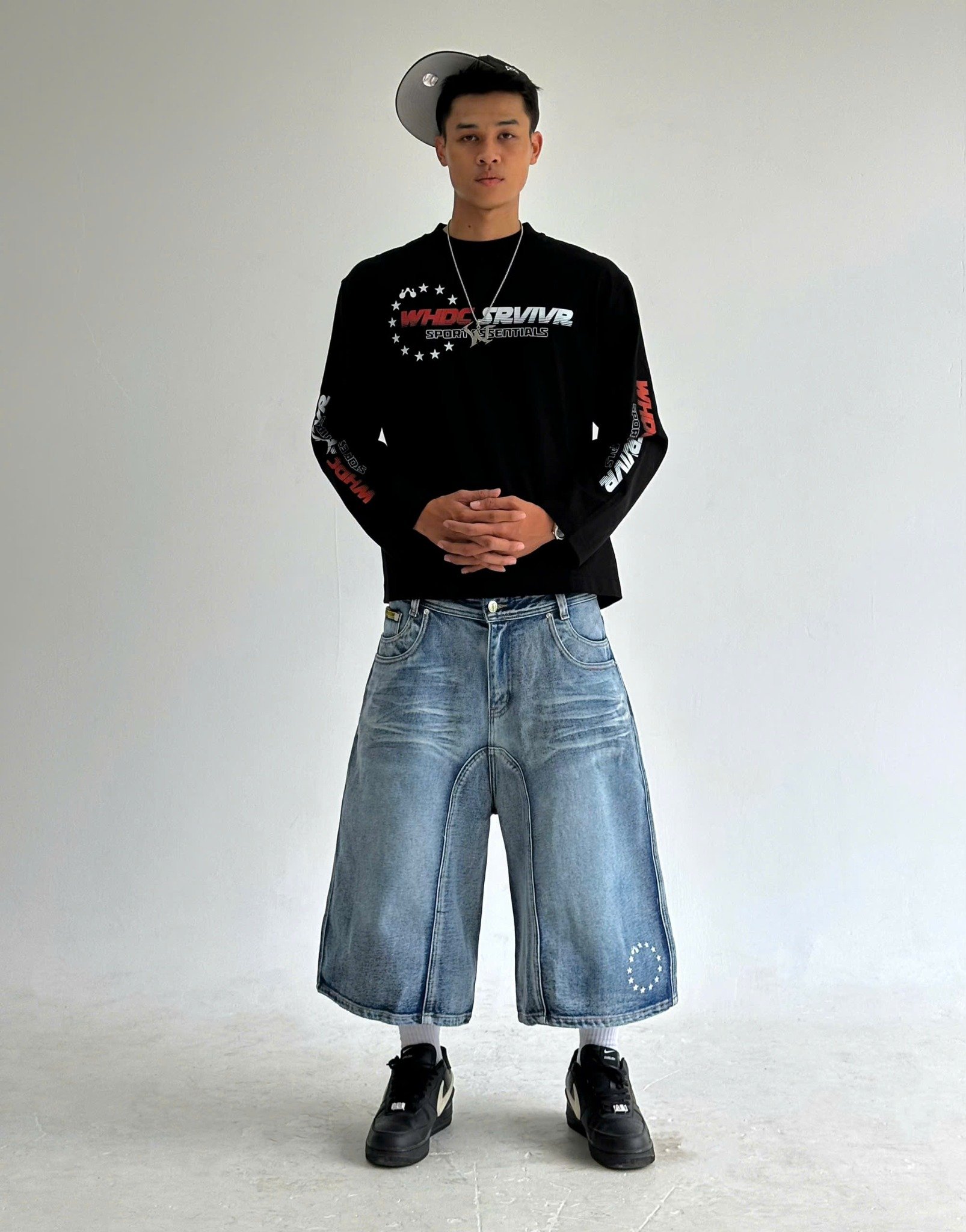 WHDC SRVIVR WASHED BAGGY DENIM SHORTS IN BLUE