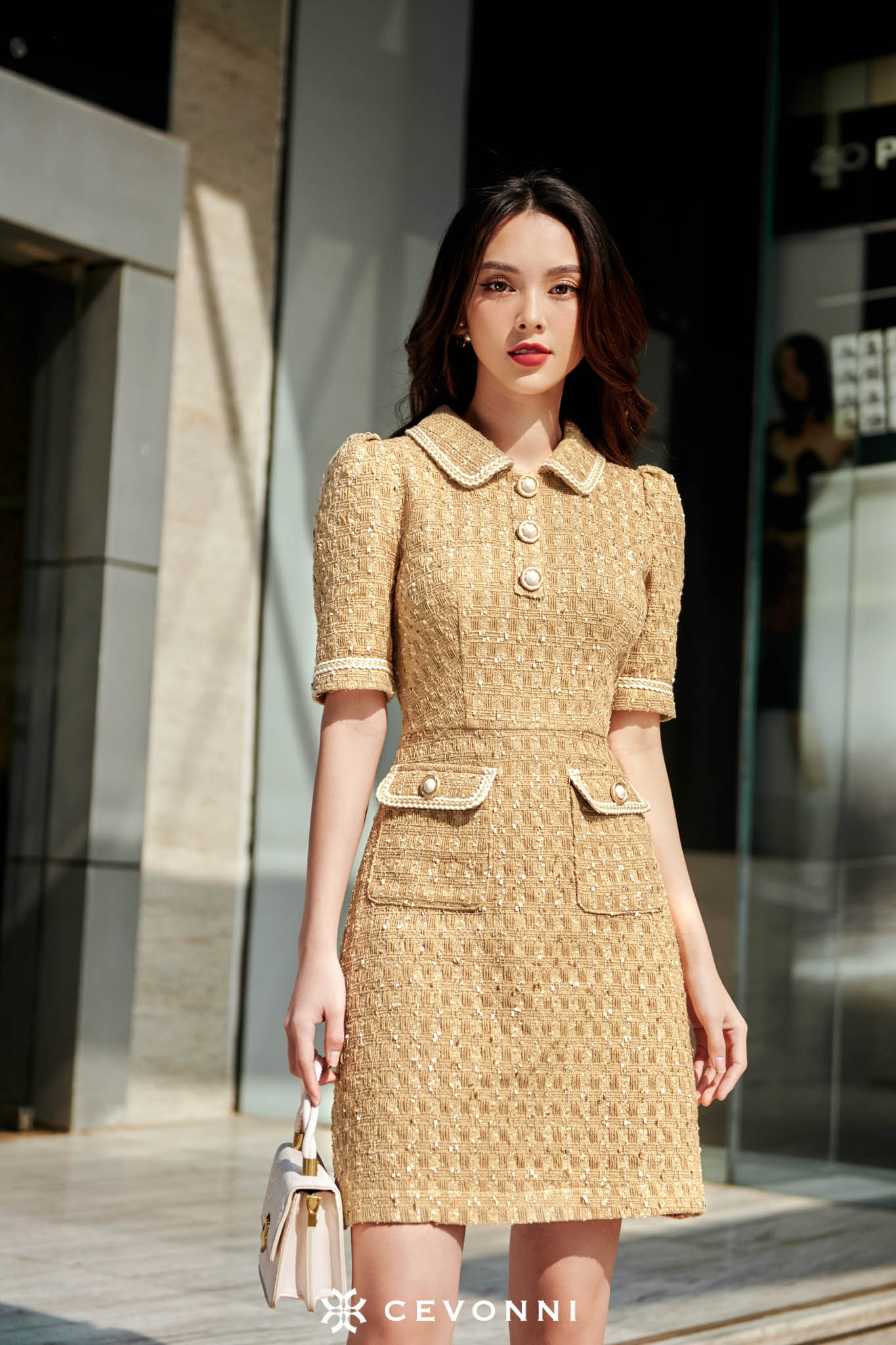 Chân váy tweed A xẻ lệch - LEIKA