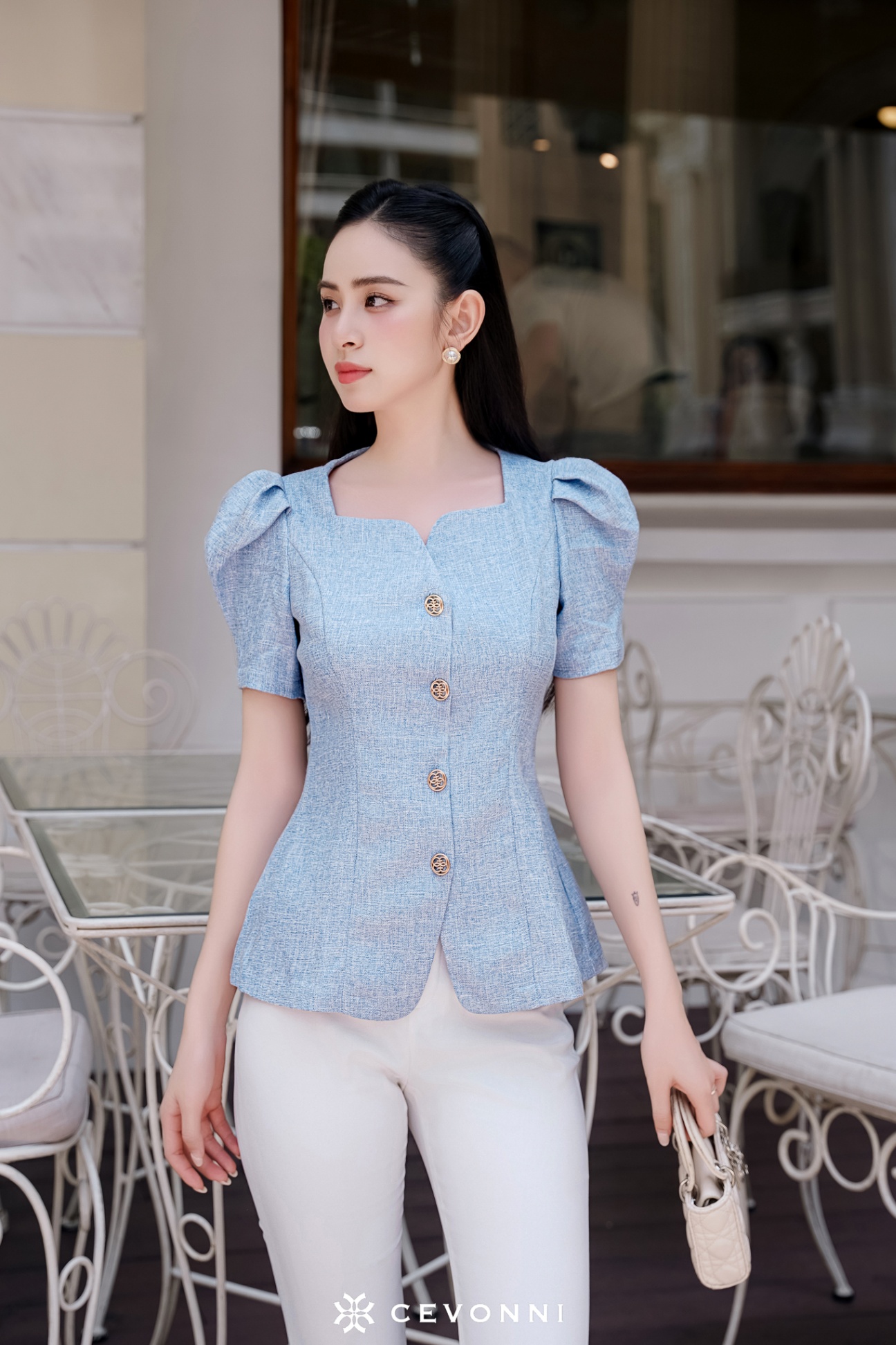 Áo peplum cổ vuông cúc vàng màu xanh