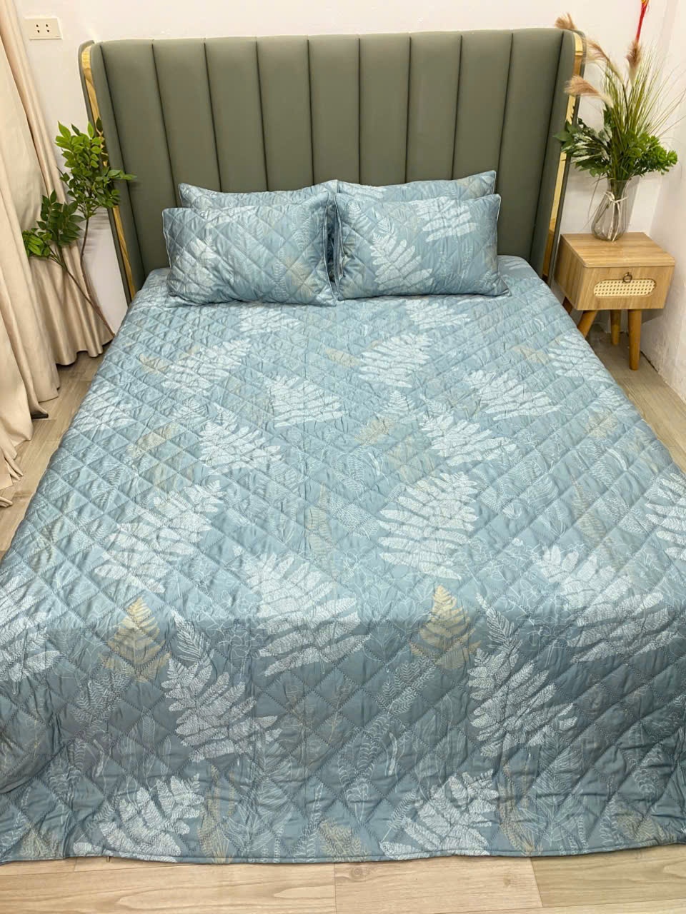 Set chăn trần + Gối trần - Tencel Xanh lá to