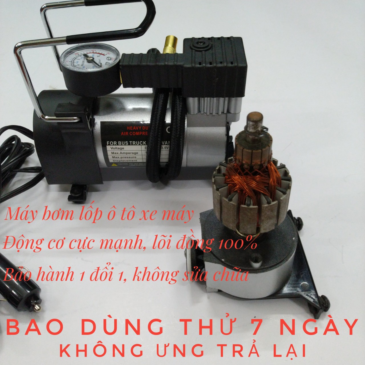 Máy bơm lốp xe hơi 2 xi lanh. Công suất 276W. Túi vải