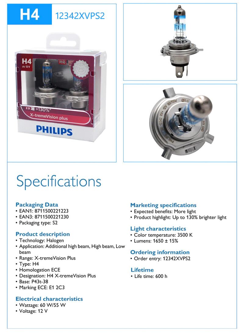 Bóng đèn pha Halogen ô tô Tăng Sáng Philips X-tremeVision Plus +130% H1 H3 H4 H7 HB3 HB4 9005 9006 12V 55W 60W 65W