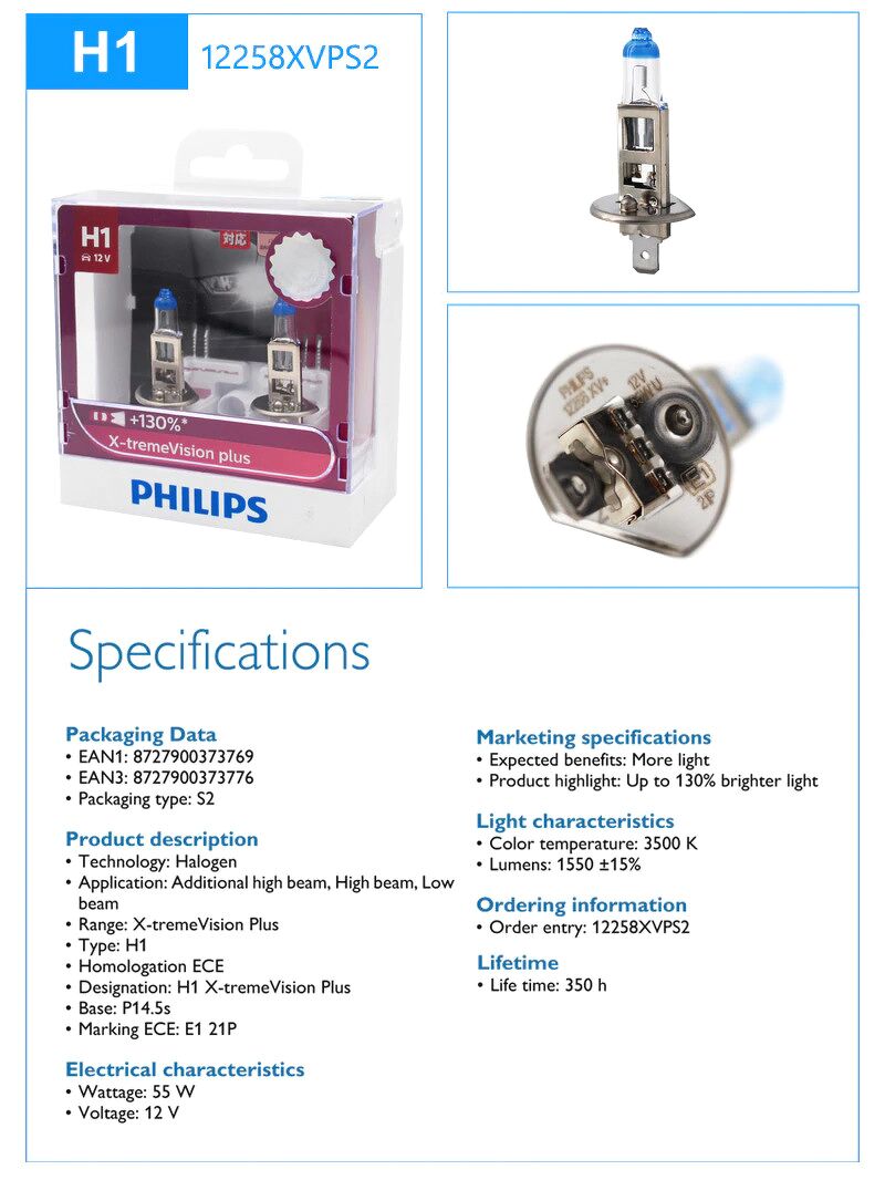 Bóng đèn pha Halogen ô tô Tăng Sáng Philips X-tremeVision Plus +130% H1 H3 H4 H7 HB3 HB4 9005 9006 12V 55W 60W 65W