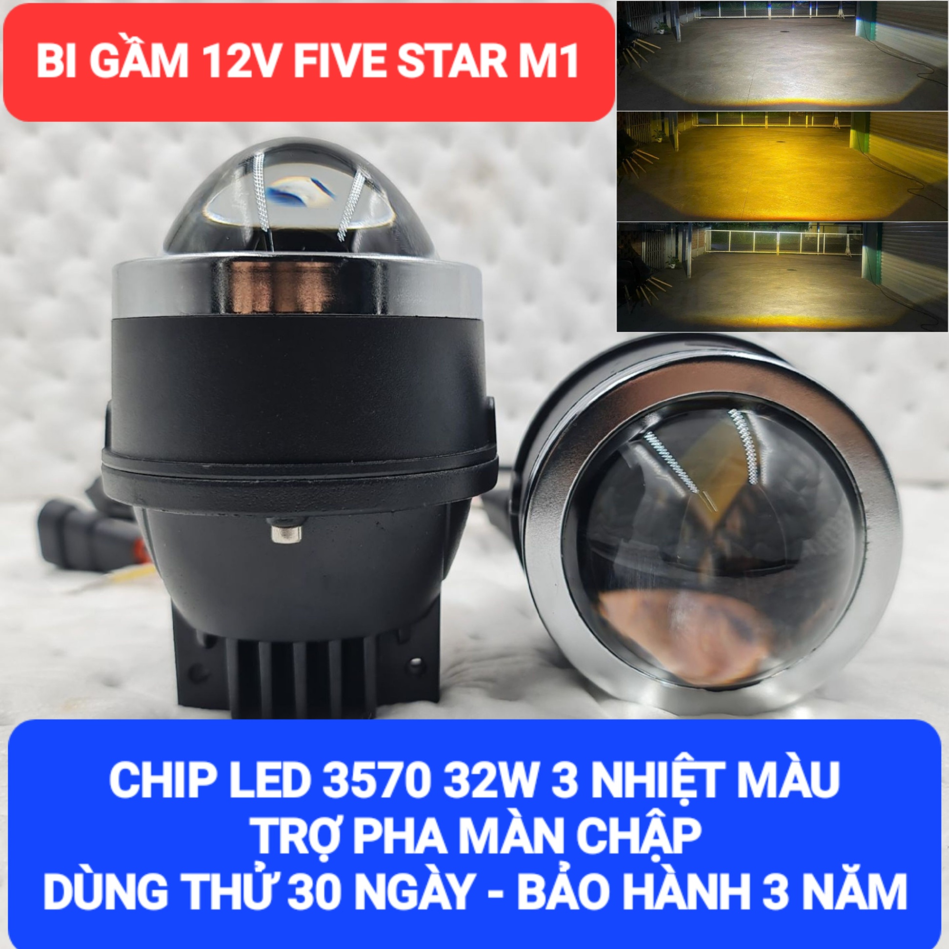 Bi gầm 3 inch Five Star M1 Chip LED 3570 32W 3 màu, trợ pha màn chập