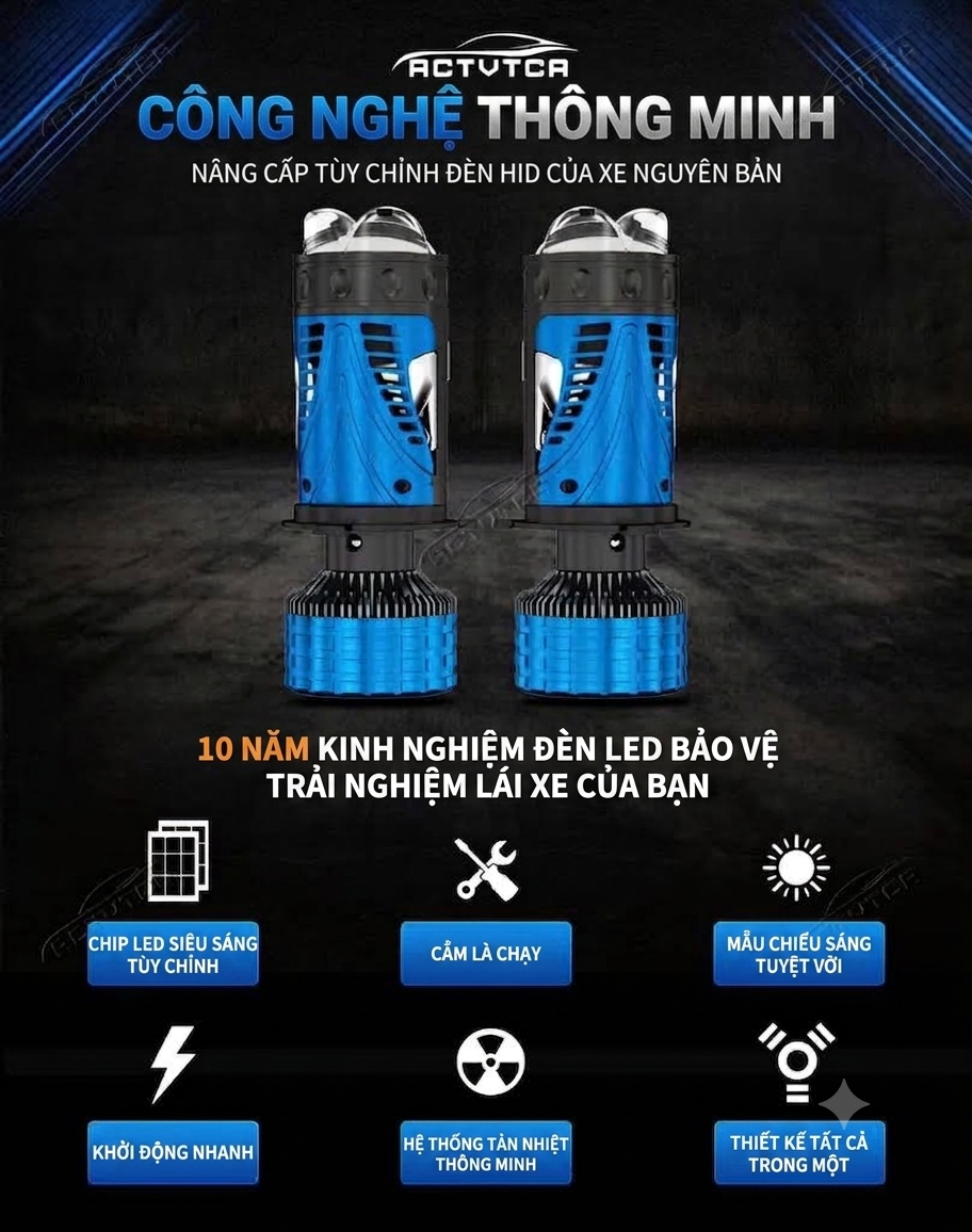 Bi LED Mini H4 1 Màu Trắng 99/69W 12V, Trợ Pha Kép (Màn Chập & 2 Laser Mắt Ếch) - Five Star BM02