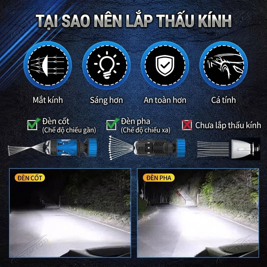 Bi LED Mini H4 1 Màu Trắng 99/69W 12V, Trợ Pha Kép (Màn Chập & 2 Laser Mắt Ếch) - Five Star BM02