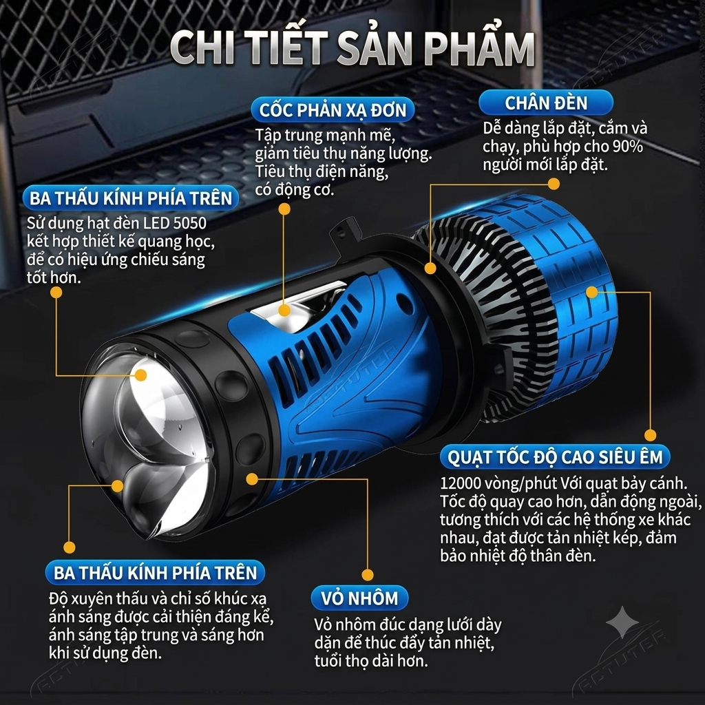 Bi LED Mini H4 1 Màu Trắng 99/69W 12V, Trợ Pha Kép (Màn Chập & 2 Laser Mắt Ếch) - Five Star BM02