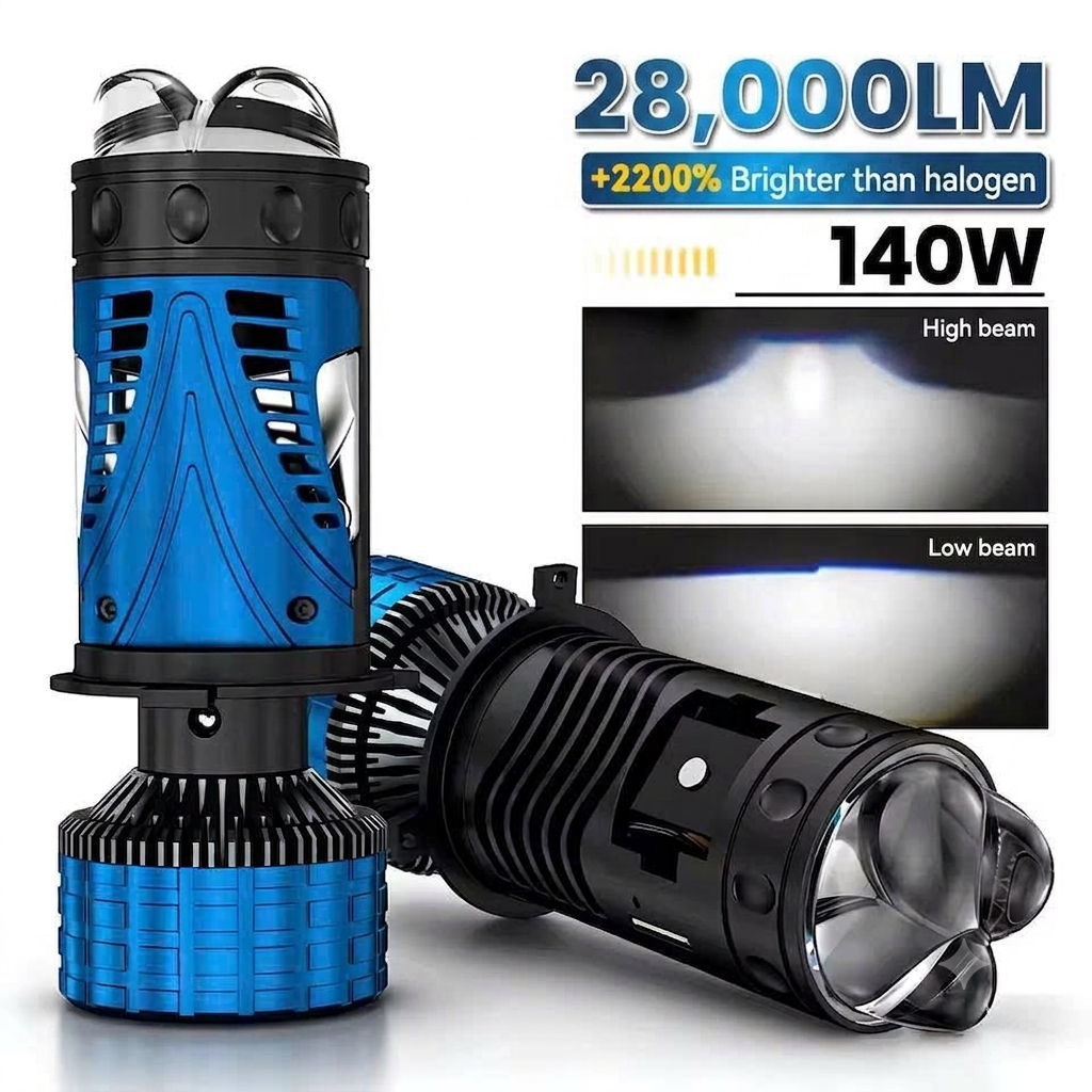 Bi LED Mini H4 1 Màu Trắng 99/69W 12V, Trợ Pha Kép (Màn Chập & 2 Laser Mắt Ếch) - Five Star BM02