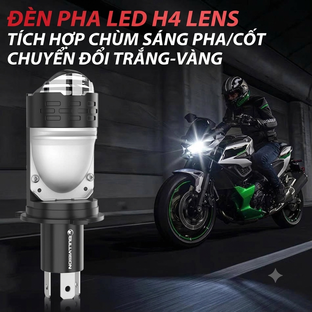 Bi LED Mini H4 3 Màu 55/40W 12V, Trợ Pha Mắt Ếch 1 LED - Five Star BM01