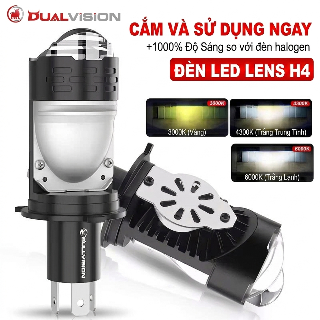 Bi LED Mini H4 3 Màu 55/40W 12V, Trợ Pha Mắt Ếch 1 LED - Five Star BM01