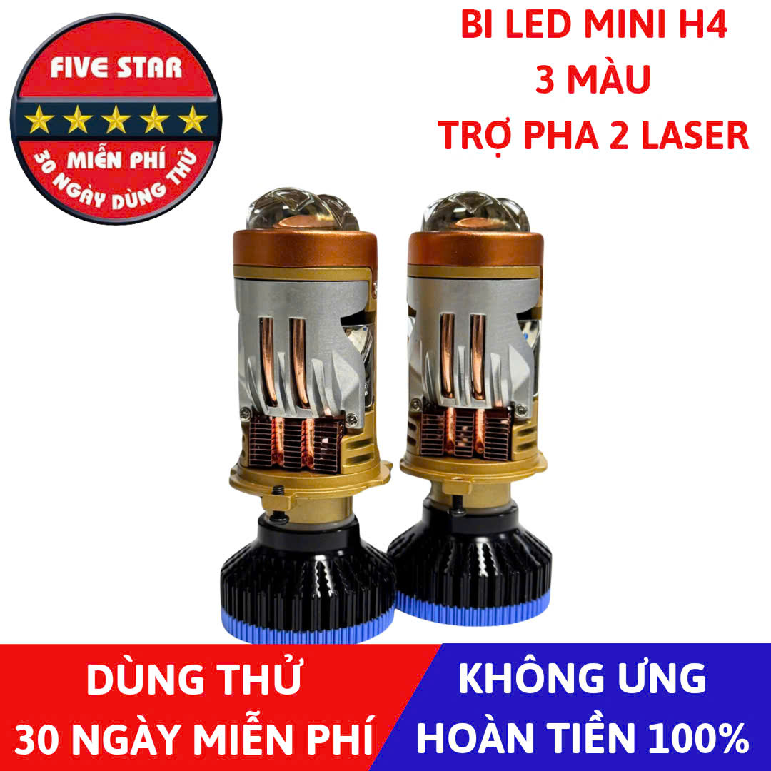 Bi LED Mini H4 3 Màu 73/67W 12V, Trợ Pha 2 Laser Mắt Ếch - Five Star BM03
