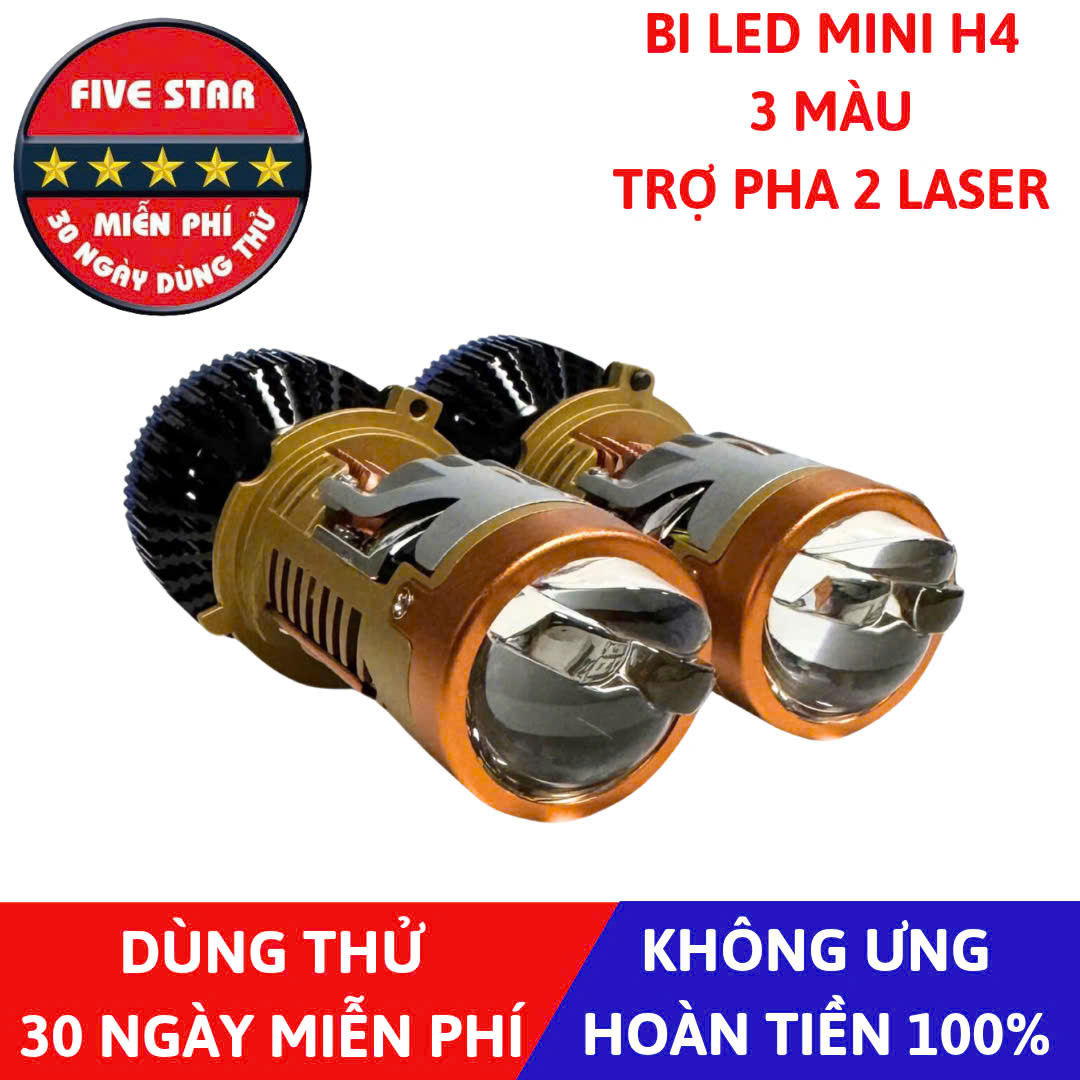 Bi LED Mini H4 3 Màu 73/67W 12V, Trợ Pha 2 Laser Mắt Ếch - Five Star BM03