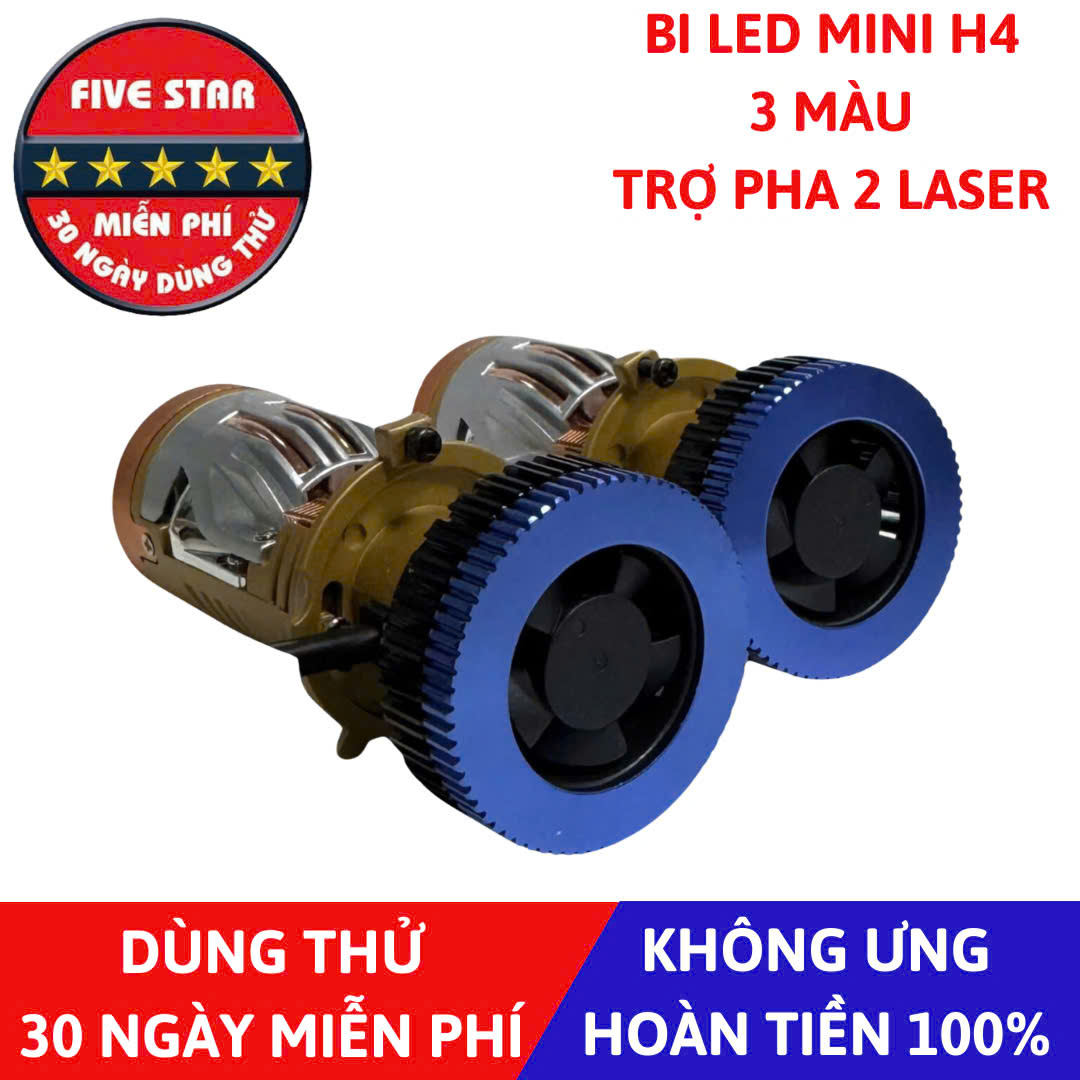 Bi LED Mini H4 3 Màu 73/67W 12V, Trợ Pha 2 Laser Mắt Ếch - Five Star BM03