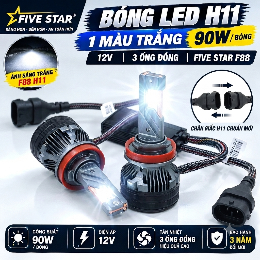 Bóng Led H11 1 màu trắng 90W 12V 3 ống đồng - Five Star F88