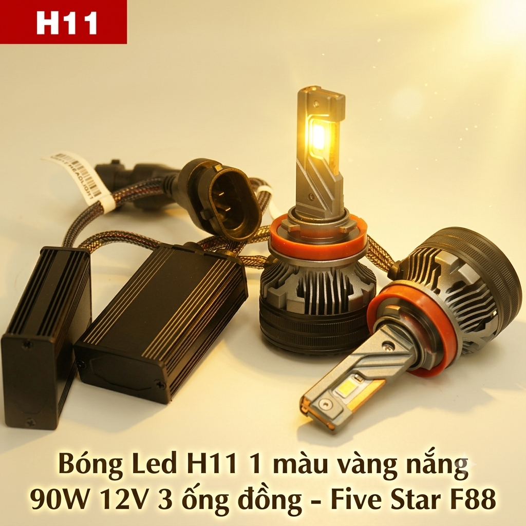 Bóng Led H11 1 màu vàng nắng 90W 12V 3 ống đồng - Five Star F88