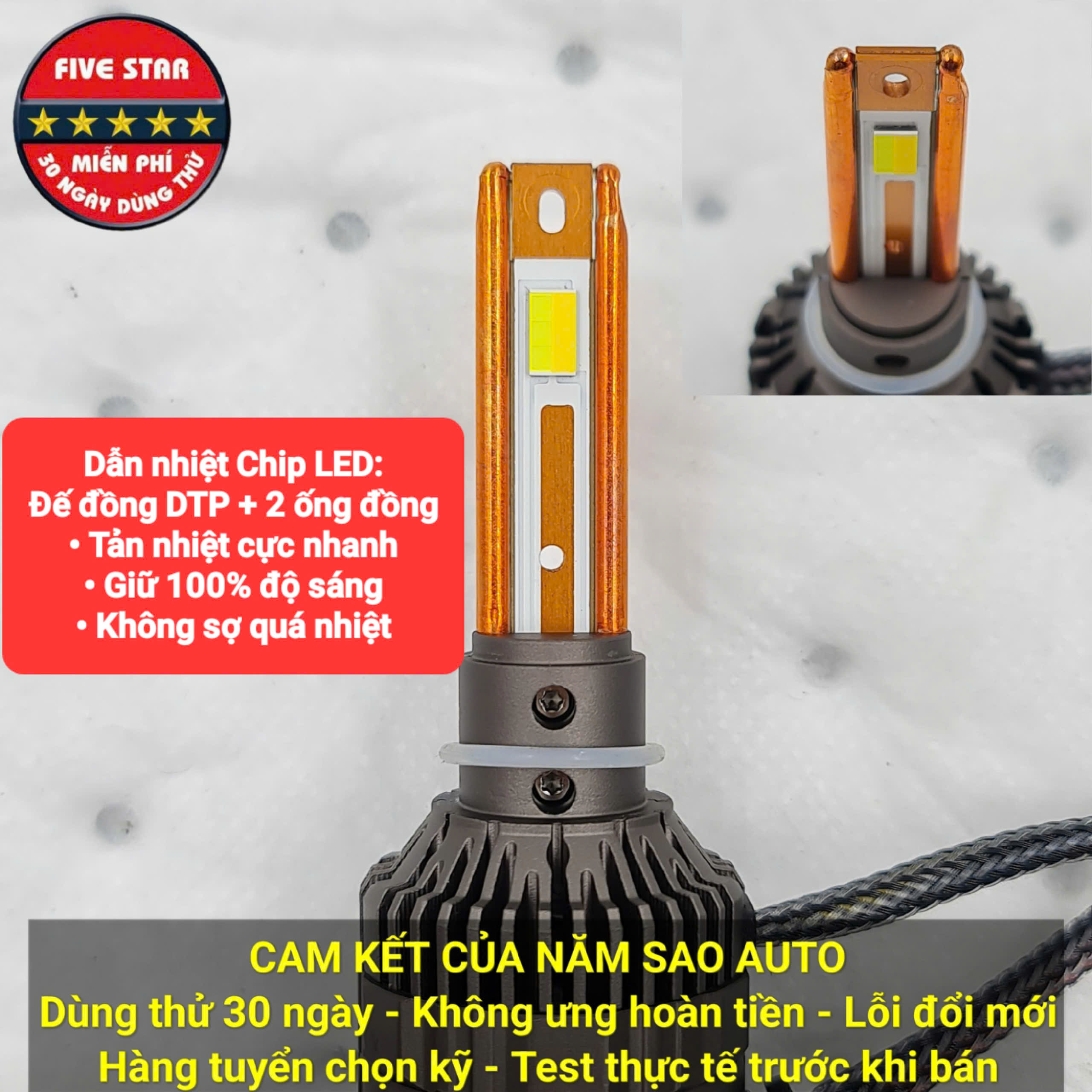 Bóng Led H11 3 màu 55W 12V 2 ống đồng - Five Star F87