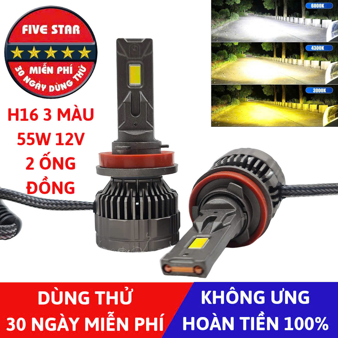 Bóng Led H16 3 màu 55W 12V 2 ống đồng - Five Star F87