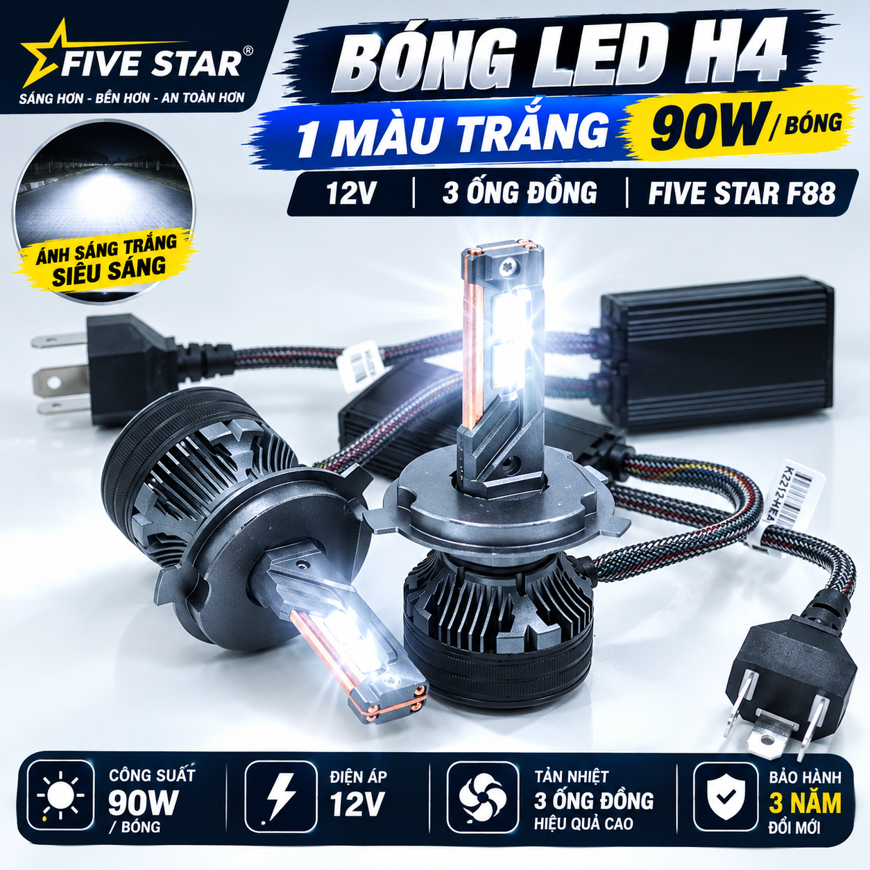 Bóng Led H4 1 màu trắng 90W 12V 3 ống đồng - Five Star F88