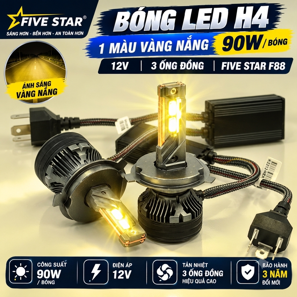 Bóng Led H4 1 màu vàng nắng 90W 12V 3 ống đồng - Five Star F88