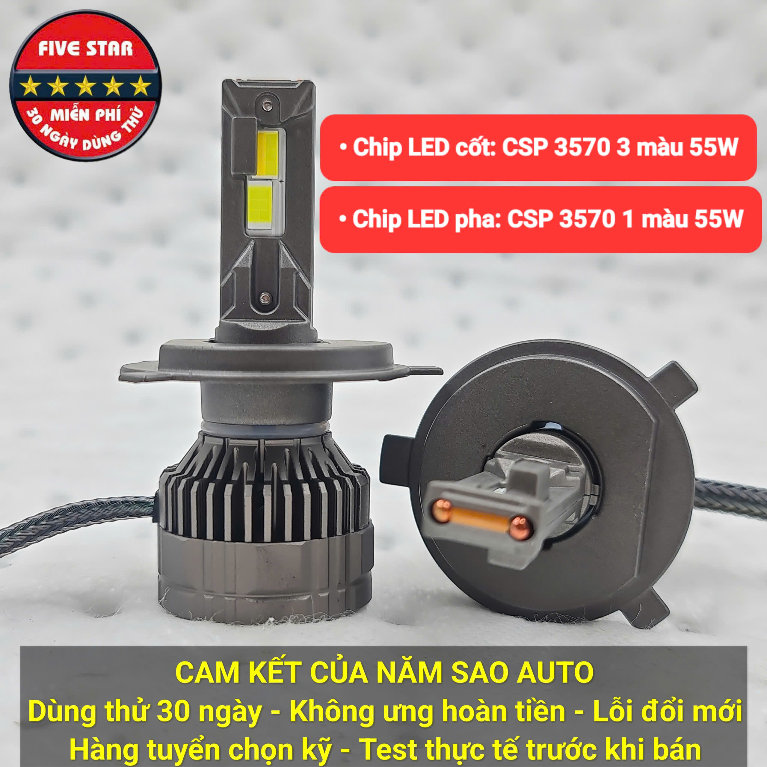 Bóng Led H4 3 màu 55W 12V 2 ống đồng - Five Star F87
