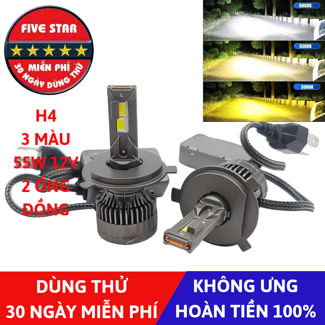 Bóng Led H4 3 màu 55W 12V 2 ống đồng - Five Star F87