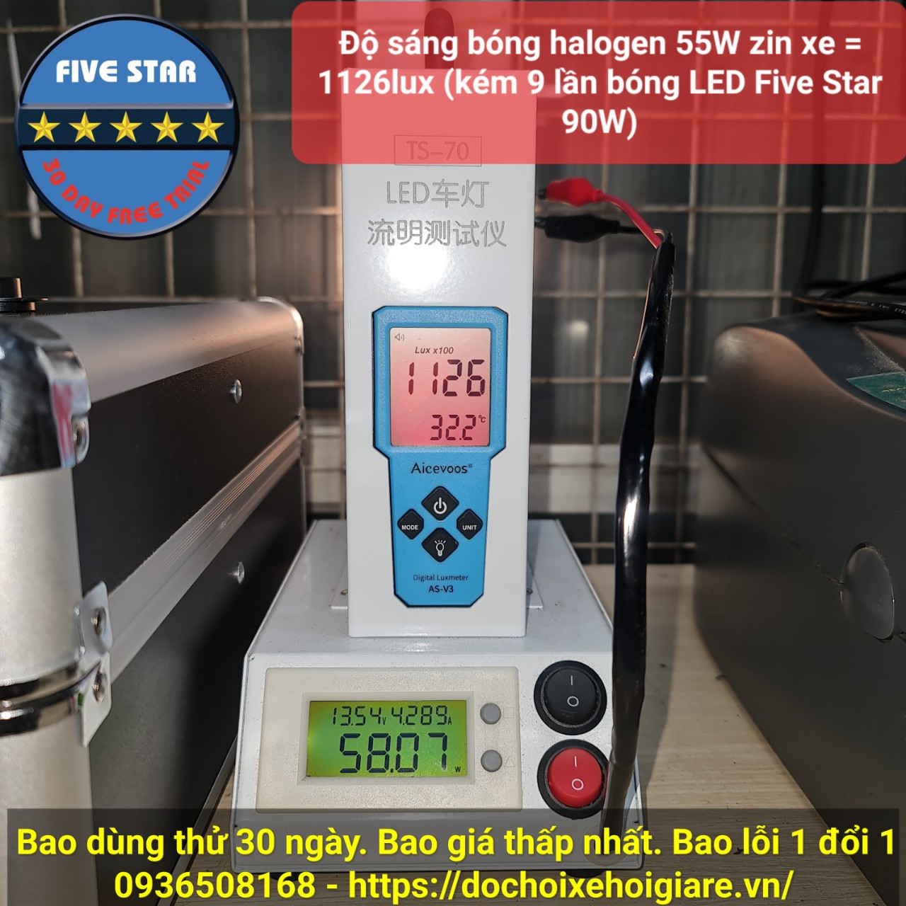 Bóng Led H7 1 màu trắng 90W 12V 3 ống đồng - Five Star F88