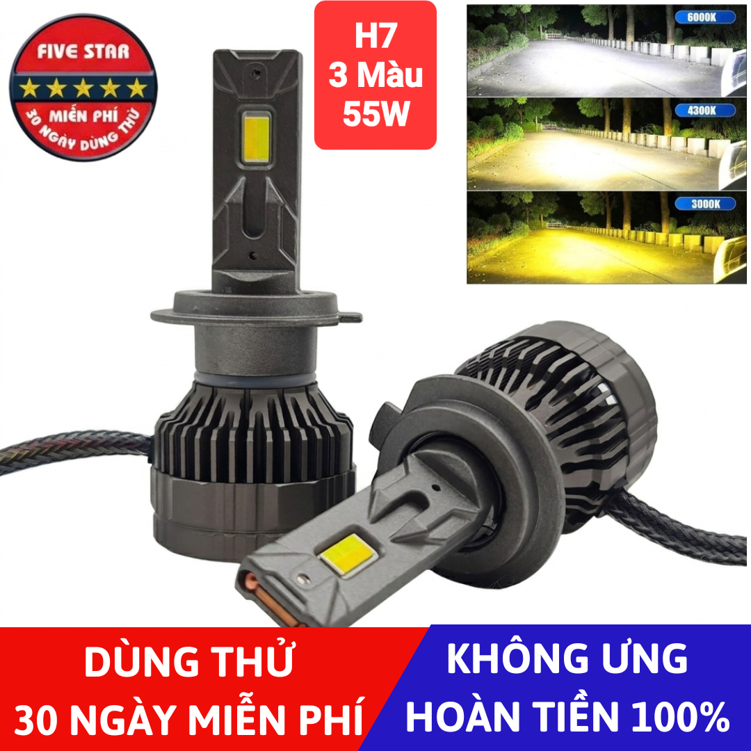 Bóng Led H7 3 màu 55W 12V 2 ống đồng - Five Star F87