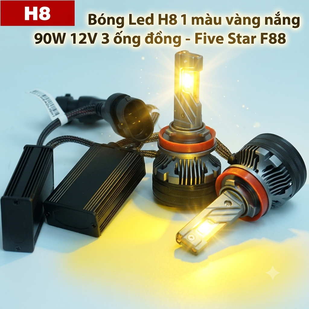 Bóng Led H8 1 màu vàng nắng 90W 12V 3 ống đồng - Five Star F88