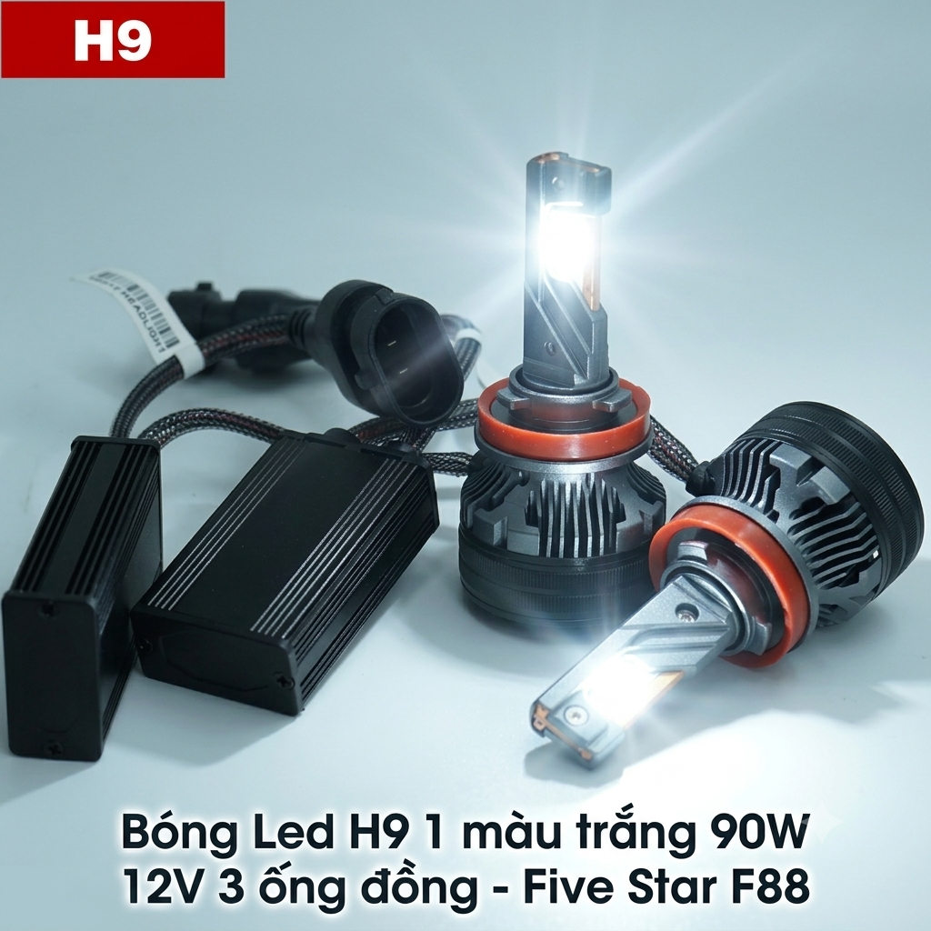 Bóng Led H9 1 màu trắng 90W 12V 3 ống đồng - Five Star F88