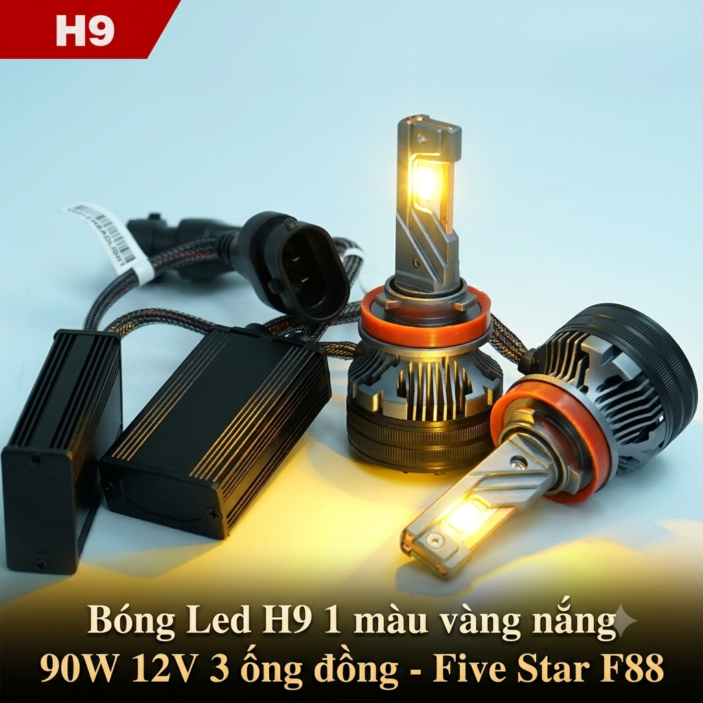Bóng Led H9 1 màu vàng nắng 90W 12V 3 ống đồng - Five Star F88