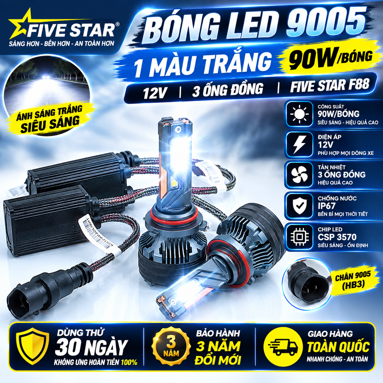 Bóng Led HB3 9005 1 màu trắng 90W 12V 3 ống đồng - Five Star F88