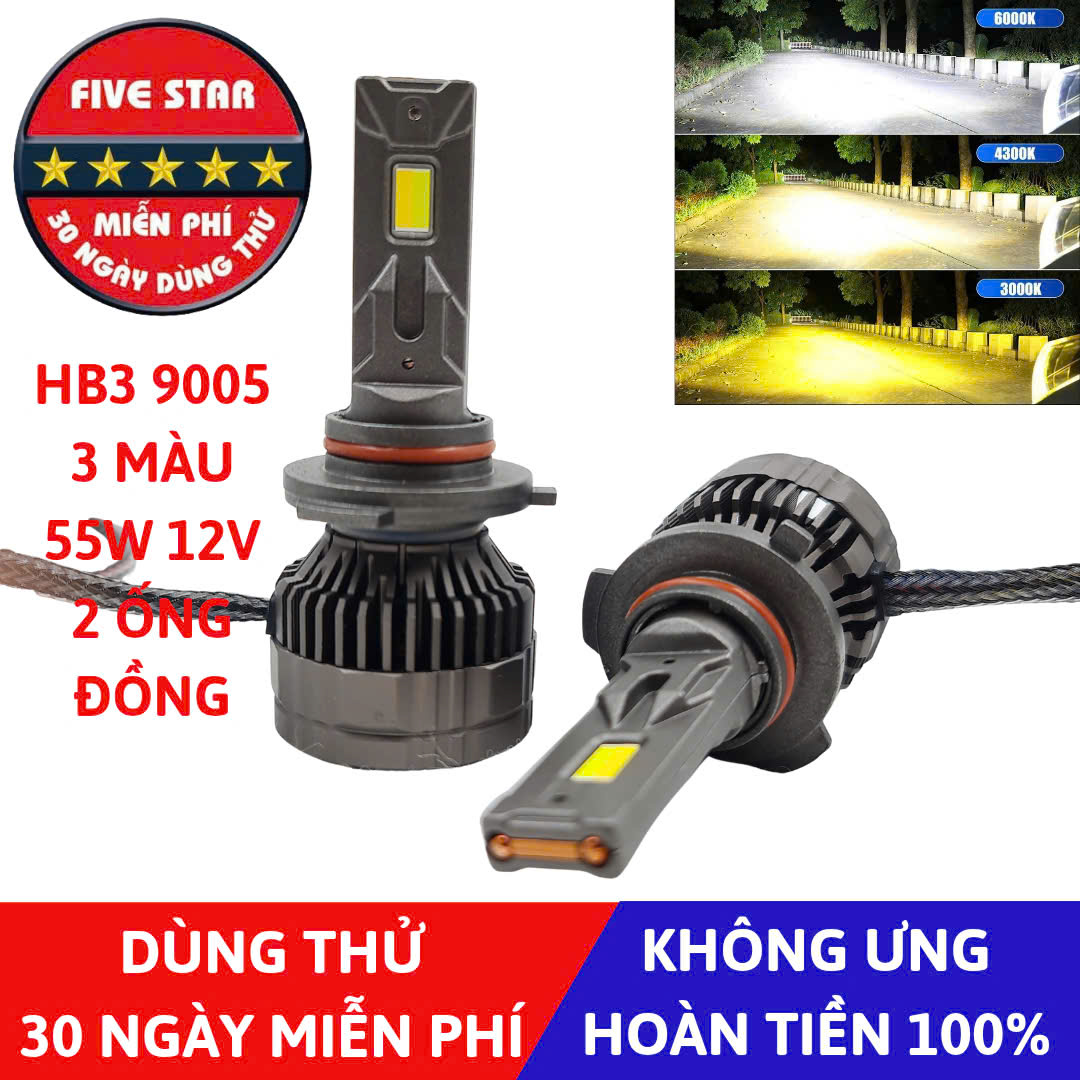 Bóng Led HB3 9005 3 màu 55W 12V 2 ống đồng - Five Star F87