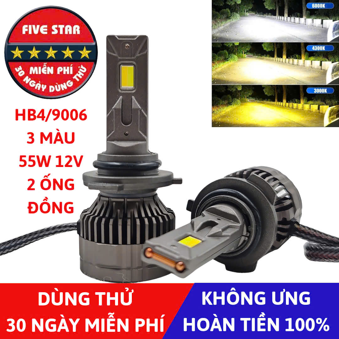 Bóng Led HB4 9006 3 màu 55W 12V 2 ống đồng - Five Star F87